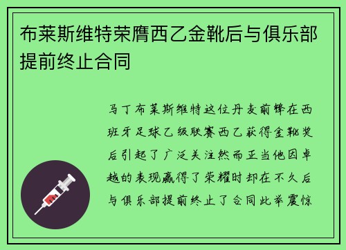 布莱斯维特荣膺西乙金靴后与俱乐部提前终止合同