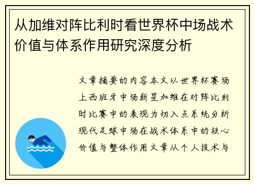 从加维对阵比利时看世界杯中场战术价值与体系作用研究深度分析